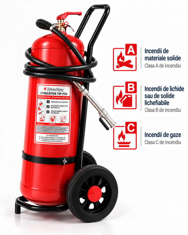 Stingător cu pulbere P50 (50 kg) transportabil pe roți – clase A, B, C [3]