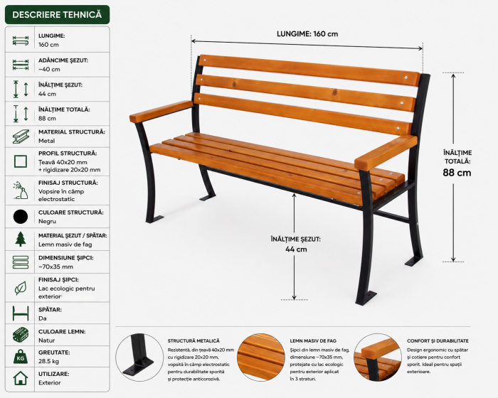 Bancă exterior 160 cm cu spătar și cotiere GAROFIȚA | Lemn fag + metal [2]