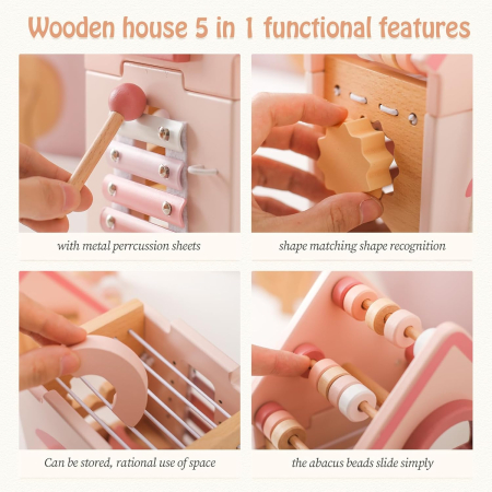Jucarii din lemn - Centru activitati casuta roz -tip Montessori 5in1