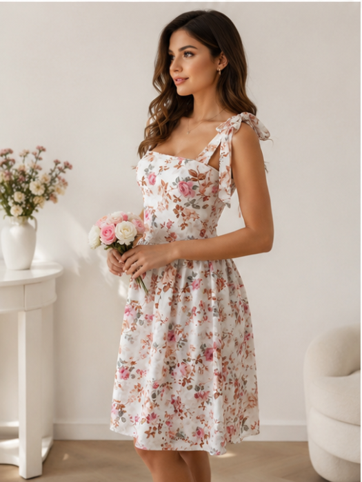 Rochie de Vară Ivory cu Flori Roz și Bretele cu Fundă [3]