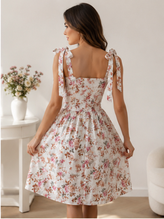Rochie de Vară Ivory cu Flori Roz și Bretele cu Fundă [4]
