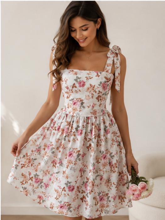 Rochie de Vară Ivory cu Flori Roz și Bretele cu Fundă [2]