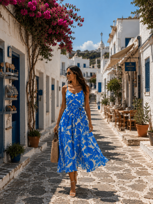 Rochie maxi vaporoasă albastră cu imprimeu floral abstract și cordon în talie [3]