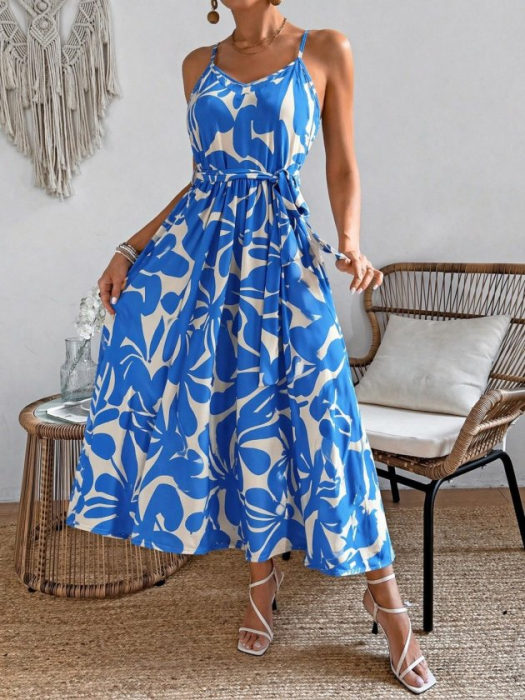 Rochie maxi vaporoasă albastră cu imprimeu floral abstract și cordon în talie [5]