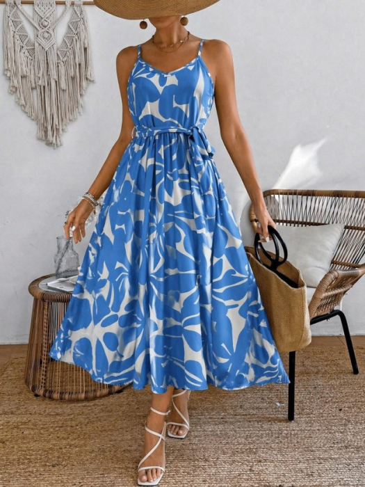 Rochie maxi vaporoasă albastră cu imprimeu floral abstract și cordon în talie [2]