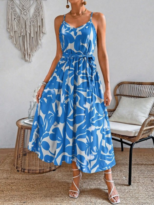 Rochie maxi vaporoasă albastră cu imprimeu floral abstract și cordon în talie [3]