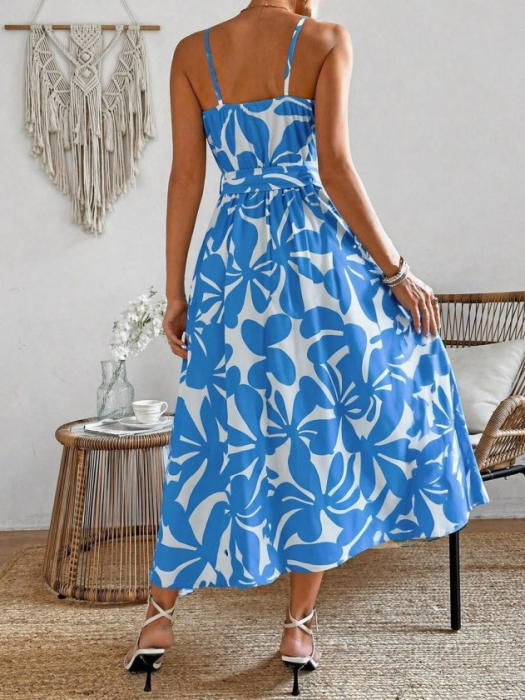 Rochie maxi vaporoasă albastră cu imprimeu floral abstract și cordon în talie [4]