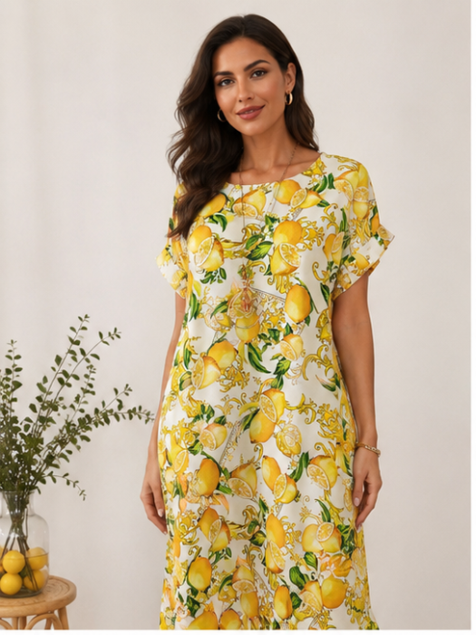 Rochie Midi cu Imprimeu de Lămâi și Croială Lejeră și pandantiv [2]