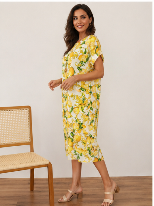 Rochie Midi cu Imprimeu de Lămâi și Croială Lejeră și pandantiv [3]