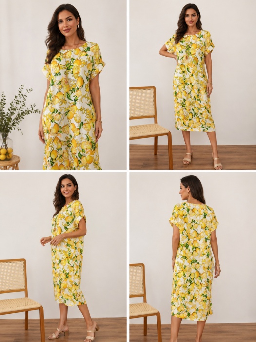 Rochie Midi cu Imprimeu de Lămâi și Croială Lejeră și pandantiv [5]