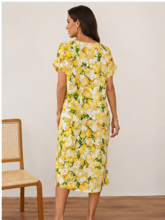 Rochie Midi cu Imprimeu de Lămâi și Croială Lejeră și pandantiv [4]