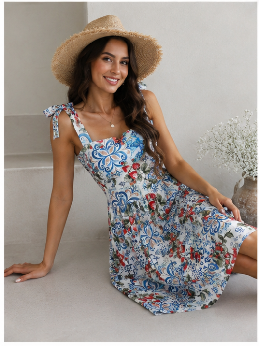 Rochie Midi Mediteraneană cu Imprimeu Ceramic Albastru și Căpșuni [3]