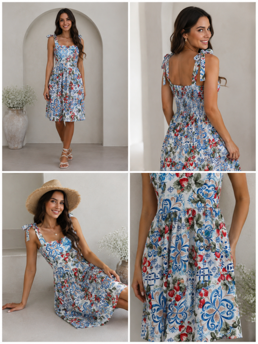 Rochie Midi Mediteraneană cu Imprimeu Ceramic Albastru și Căpșuni [5]