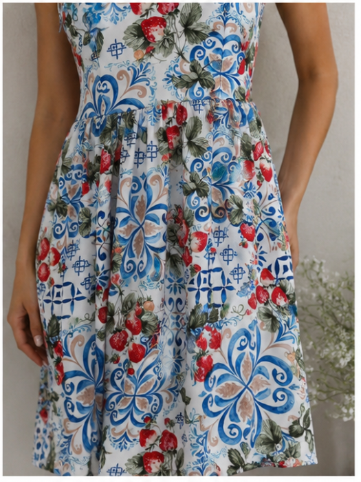 Rochie Midi Mediteraneană cu Imprimeu Ceramic Albastru și Căpșuni [4]