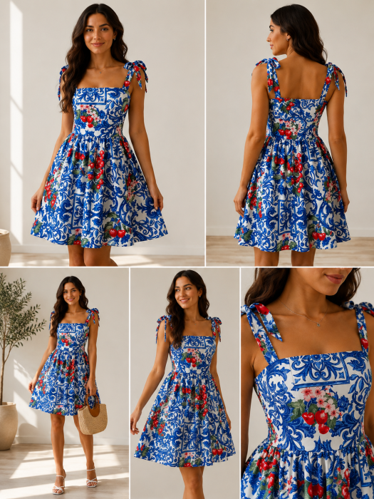 Rochie Mini cu Imprimeu Mediteranean și Cireșe [4]