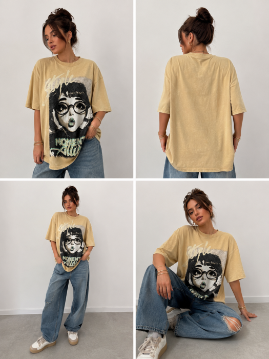 Tricou Damă Oversize Bej cu Print Fashion Girl [5]