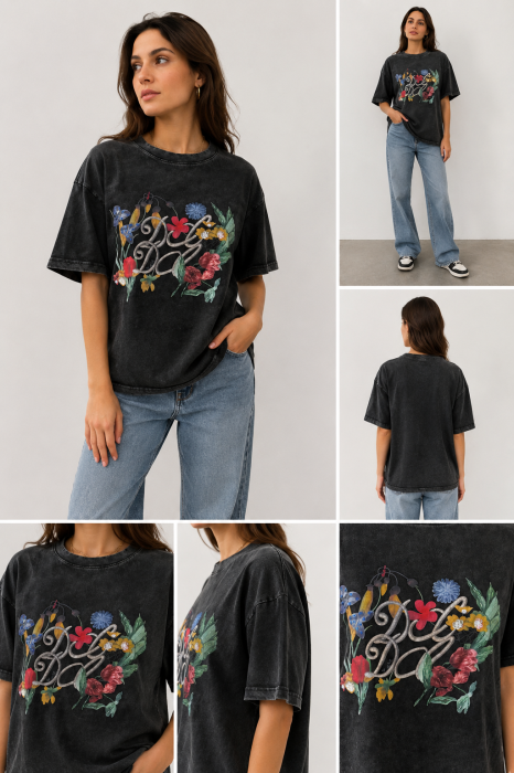 Tricou Graphic Tee Washed Black cu Design Floral [5]