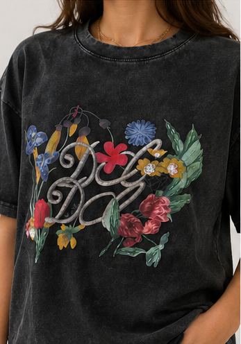 Tricou Graphic Tee Washed Black cu Design Floral [4]