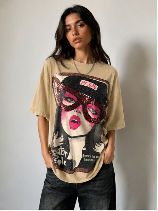 Tricou Oversize Bej cu Imprimeu Fashion Glam [2]