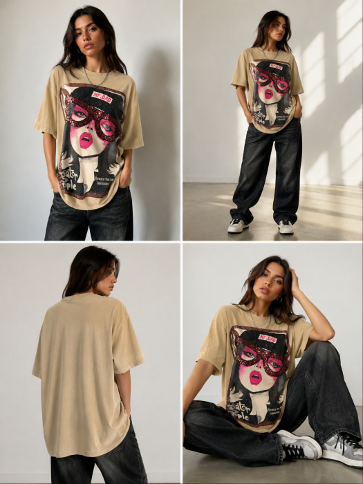 Tricou Oversize Bej cu Imprimeu Fashion Glam [5]