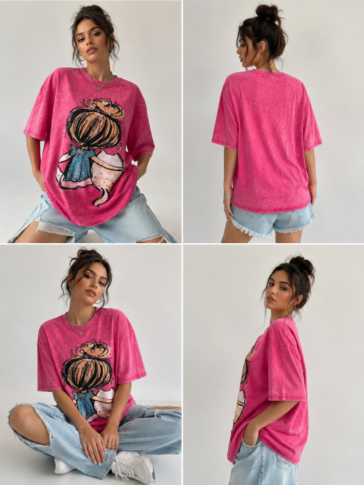 Tricou Oversize Fuchsia cu Print Fashion Girl [5]