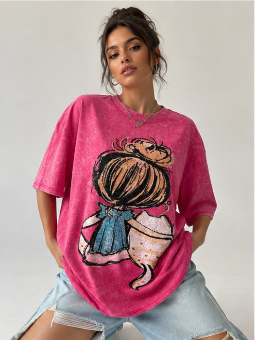 Tricou Oversize Fuchsia cu Print Fashion Girl [2]