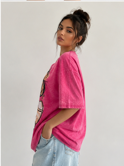 Tricou Oversize Fuchsia cu Print Fashion Girl [4]