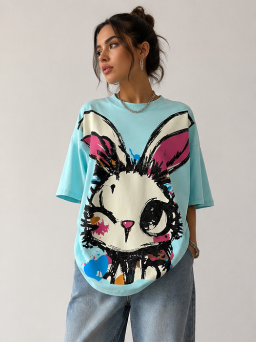 Tricou Oversize Turcoaz cu Imprimeu Iepuraș Graffiti [3]