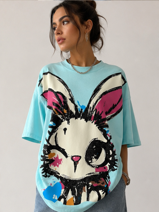 Tricou Oversize Turcoaz cu Imprimeu Iepuraș Graffiti [2]