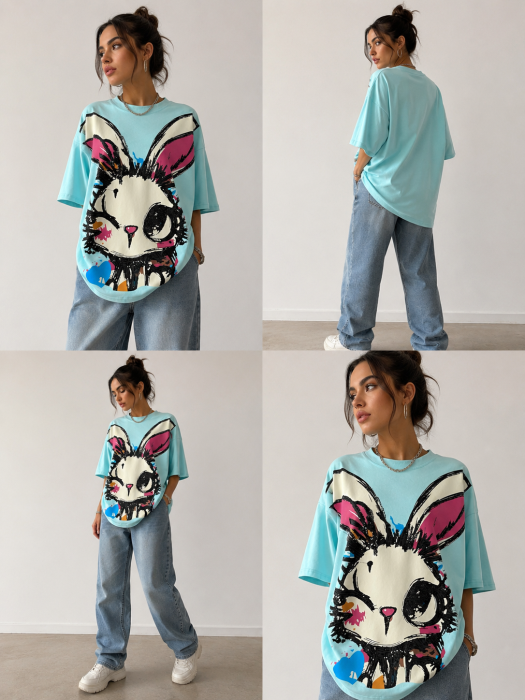 Tricou Oversize Turcoaz cu Imprimeu Iepuraș Graffiti [5]
