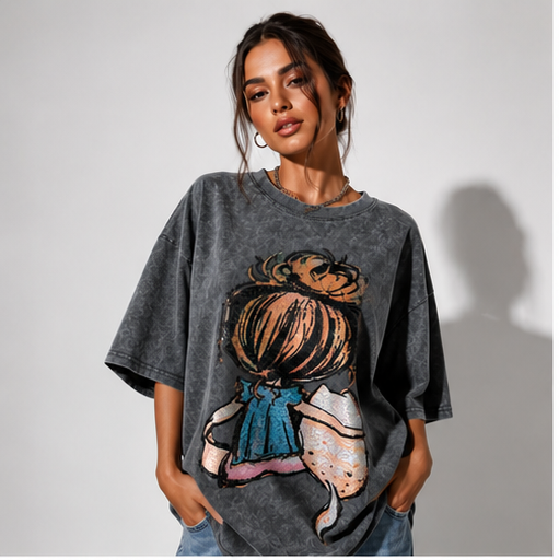 Tricou Oversize Washed Grey cu Imprimeu Artistic [4]