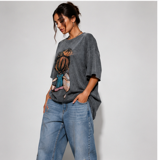 Tricou Oversize Washed Grey cu Imprimeu Artistic [3]