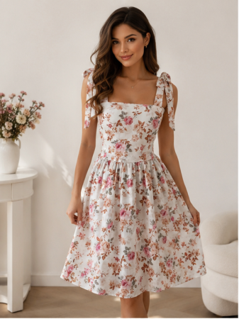 Rochii - Rochie de Vară Ivory cu Flori Roz și Bretele cu Fundă