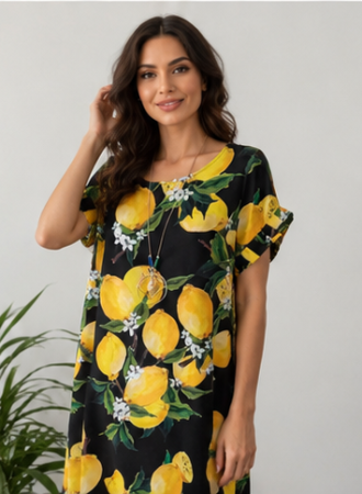 Rochii - Rochie Dolce Vita Black cu Lămâi și Flori de Citrice și pandantiv