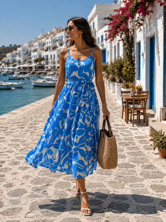 Rochii - Rochie maxi vaporoasă albastră cu imprimeu floral abstract și cordon în talie