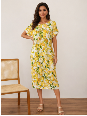 Rochii - Rochie Midi cu Imprimeu de Lămâi și Croială Lejeră și pandantiv