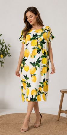 Rochii - Rochie Midi cu Lămâi și Flori de Citrice și pandantiv
