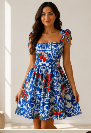 Rochii - Rochie Mini cu Imprimeu Mediteranean și Cireșe