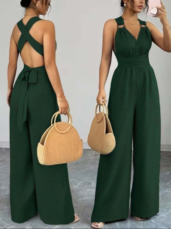 New Arrivals - Salopetă damă verde cu bretele încrucișate și croi wide leg