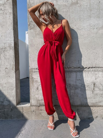 New Arrivals - Salopetă Elegantă Roșie cu Bretele și Talie Reglabilă
