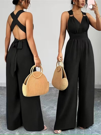 New Arrivals - Salopetă neagră cu bretele încrucișate și croi wide leg