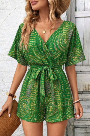 New Arrivals - Salopetă scurtă verde boho cu imprimeu mandala și cordon în talie