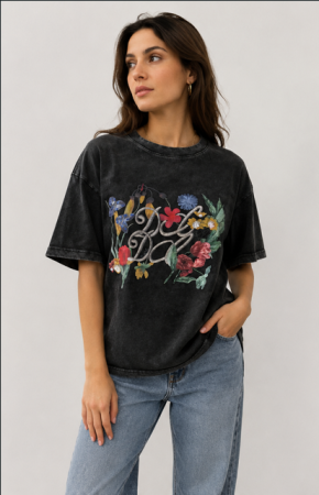 Tricouri - Tricou Graphic Tee Washed Black cu Design Floral