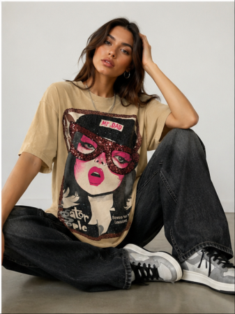 Tricouri - Tricou Oversize Bej cu Imprimeu Fashion Glam