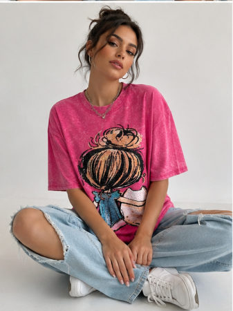 Tricouri - Tricou Oversize Fuchsia cu Print Fashion Girl