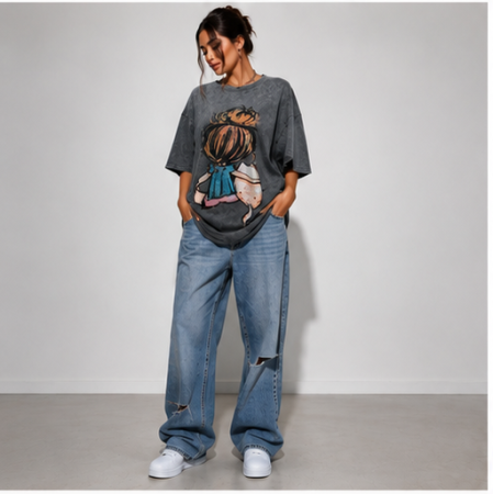 Tricouri - Tricou Oversize Washed Grey cu Imprimeu Artistic