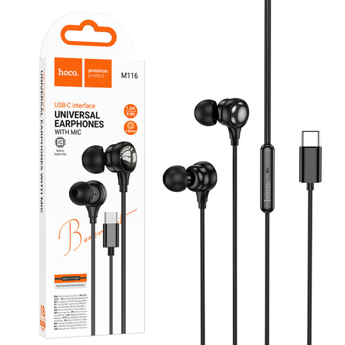 Hoco (M116) » Casti cu Fir, InEar, USB-C, 1.2m cablu, BLACK [1]