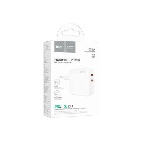Adaptoare - Hoco (C110A) - Incarcator Retea, 35W, 2xUSB-C, PD, White