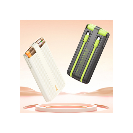 Baterii Externe - Hoco (J127A) - Baterie Externa, PowerBank, cu mini-cabluri color USB-C / Lightning x 20W, 5V, 2A, 10000mAh, Display LED, Mecha Dual, Milky WHITE