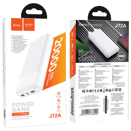 Baterii Externe - Hoco (J72A) - Baterie Externa, 2xUSB-A, 20.000 MAh, White